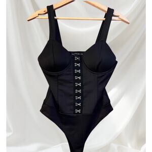 EUC Haute Monte Black Faux Corset Snap Crotch Bodysuit Size Small